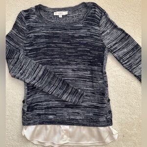 Loft Heather Blue White Knit White Hem Long Sleeve Size Small